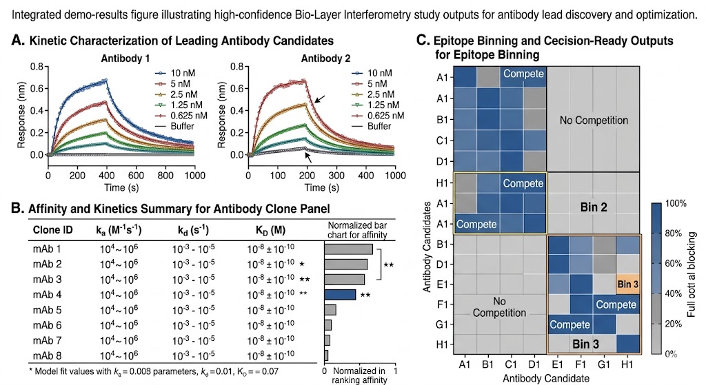 BLI demo result composite showing sensorgram fit overlay, kinetics comparison, and competition or clone-ranking summary.