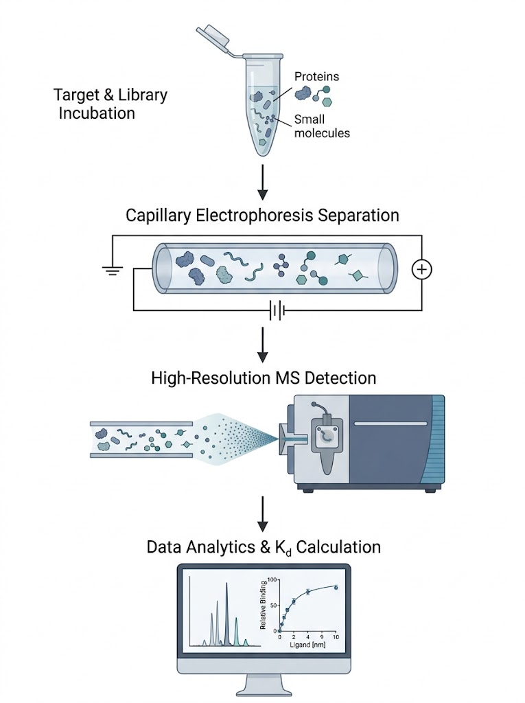 CE-MS Affinity Screening Workflow featuring Target Incubation, Capillary Electrophoresis Separation, and MS Detection