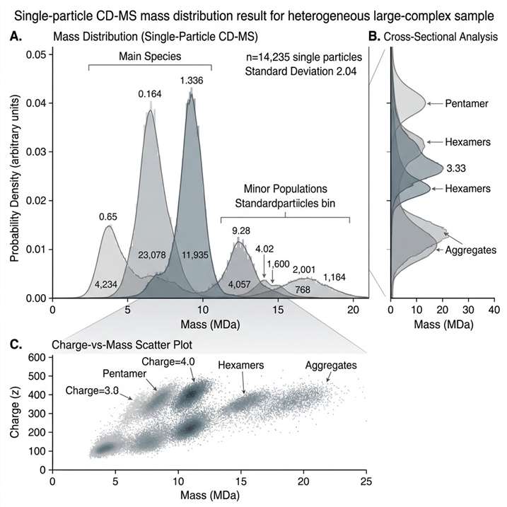 Single-particle CD-MS mass distribution view for a heterogeneous large-complex sample.