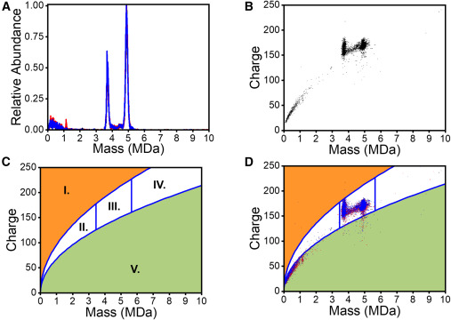 Figure showing triplicate mass histograms and charge-versus-mass scatterplots from CD-MS analysis of purified AAV9-1, including typical AAV, aggregate, low-mass, and non-target signal regions.