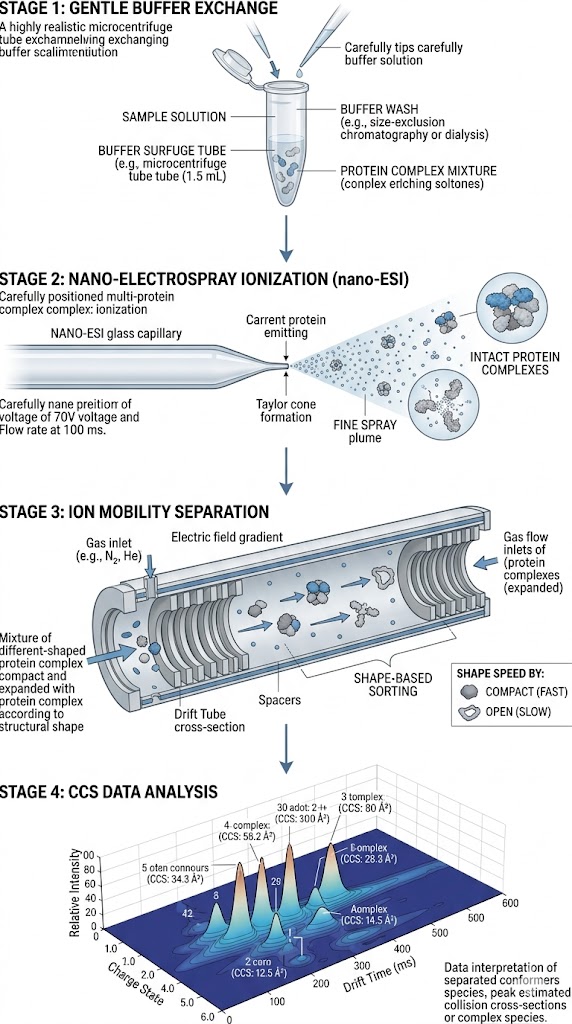 Workflow Infographic showing Native ESI buffer exchange leading into an IM-MS drift tube