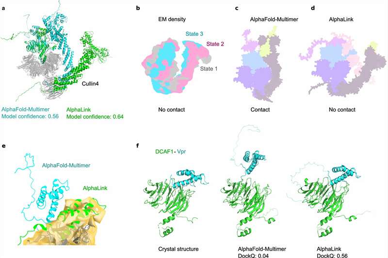Published XL-MS figure showing improved protein complex modelling and structure-guided interface prediction with crosslinking restraints