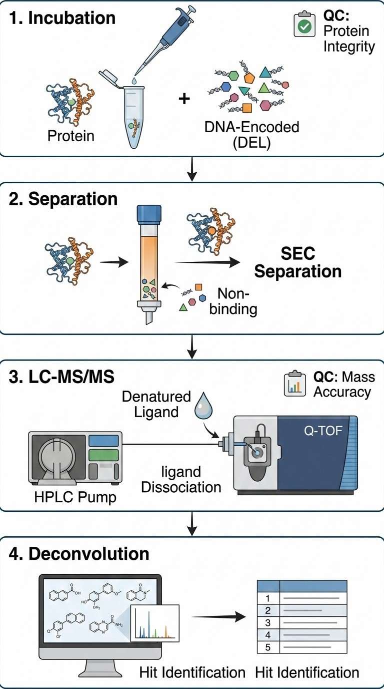 DEL-ASMS screening workflow and QC checkpoints
