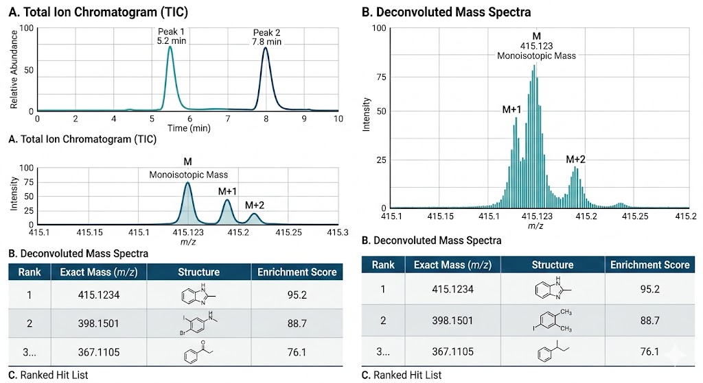 Representative MS signal isolation and deconvoluted hit list scoring plot