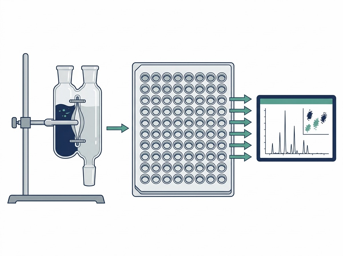Scientific illustration comparing single dialysis tube to high-throughput 96-well RED plate.