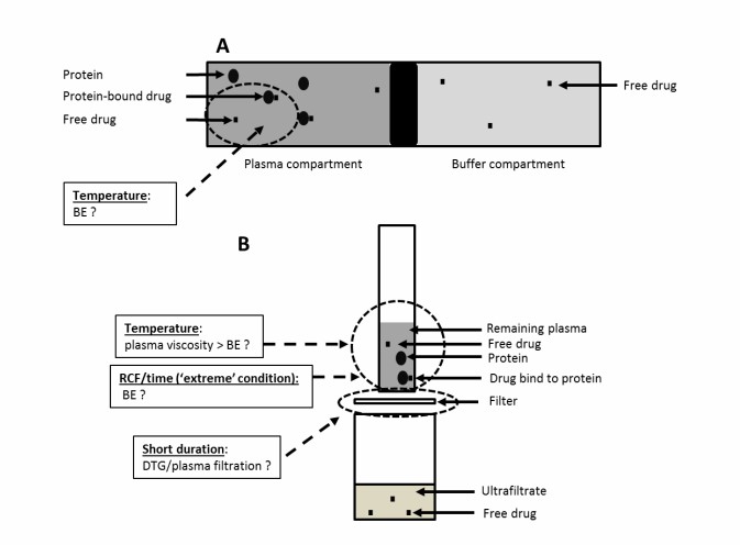 Comparison of unbound dolutegravir measurements generated by equilibrium dialysis and ultrafiltration under different analytical conditions.