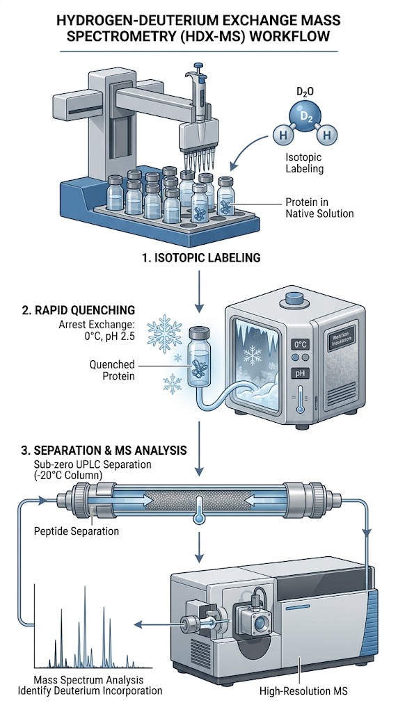 Automated HDX-MS workflow emphasizing precise labeling, rapid quenching, and sub-zero LC separation