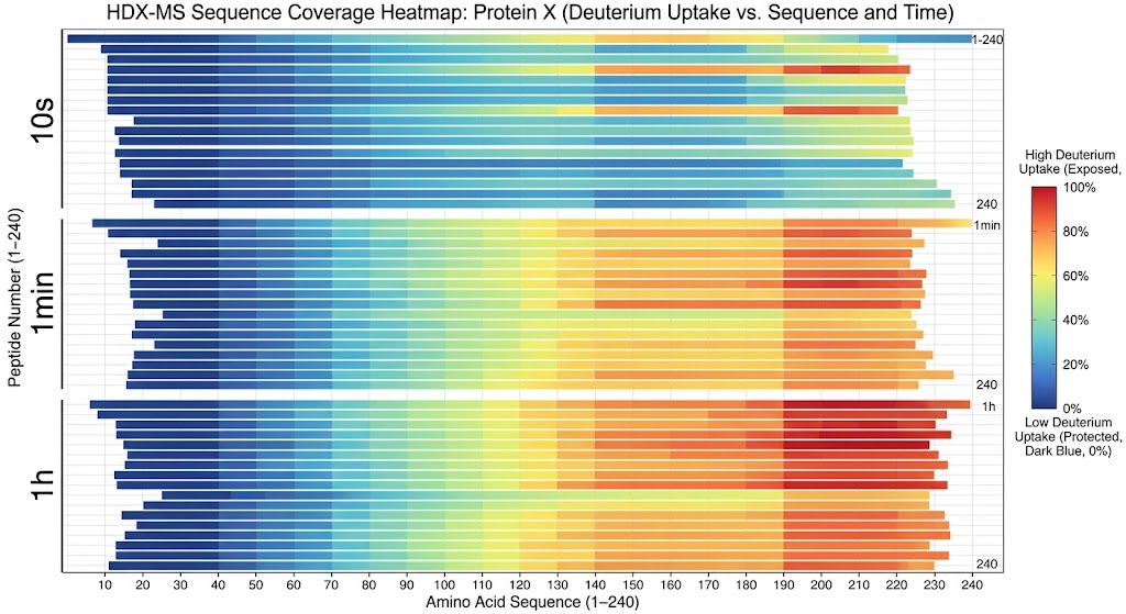 Sequence coverage maps showing temporal deuterium incorporation dynamics