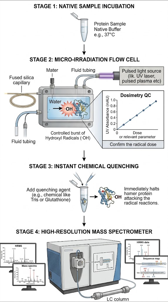 HRF-MS workflow highlighting strict in-line dosimetry to prevent over-oxidation and preserve native structure.