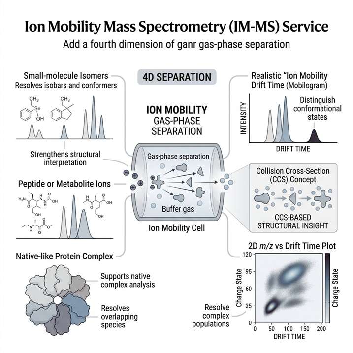 Ion Mobility Mass Spectrometry service overview showing 4D separation, CCS analysis, and native complex characterization.