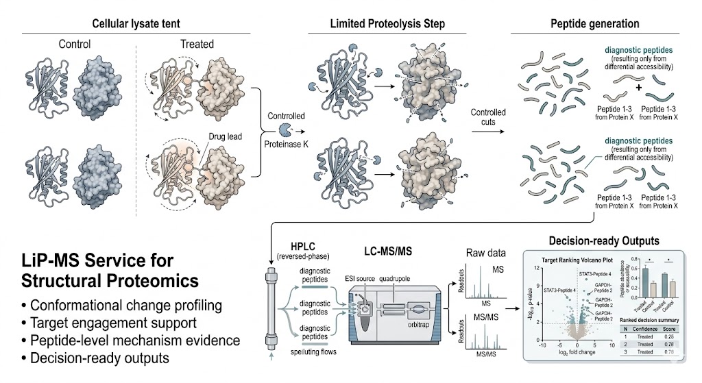 LiP-MS concept illustration showing perturbation, limited proteolysis, LC-MS/MS, and interpretable peptide outputs.