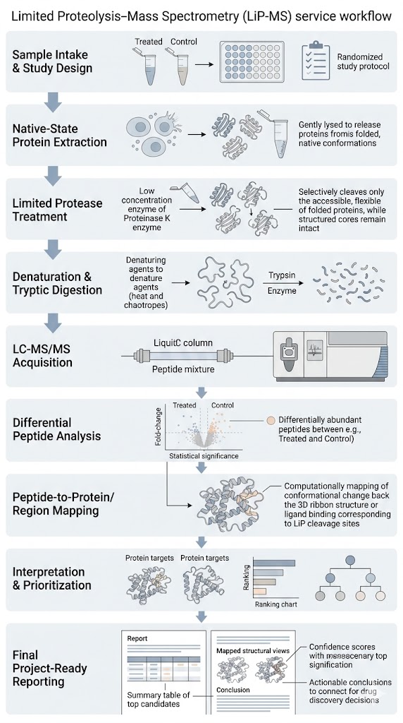 Vertical LiP-MS workflow from sample perturbation to mapped peptide results.