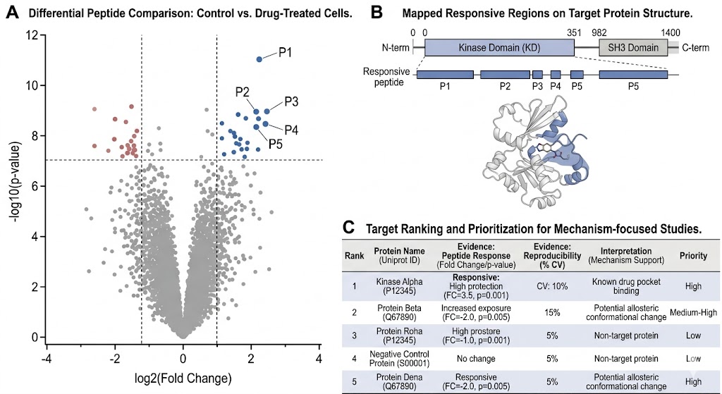 Representative LiP-MS outputs including differential peptides, mapped regions, and prioritization summary.