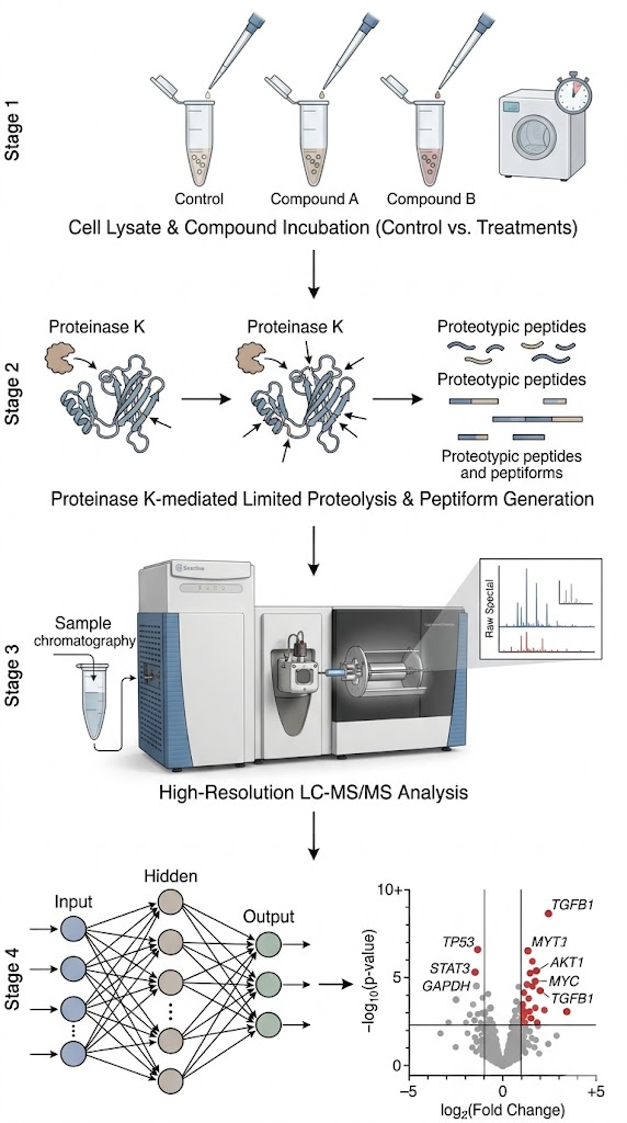 The LiP-Quant workflow integrating limited proteolysis, high-resolution MS, and machine learning scoring.