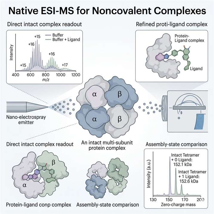 Native ESI-MS workflow diagram showing intact complex readout, stoichiometry assessment, and condition comparison.