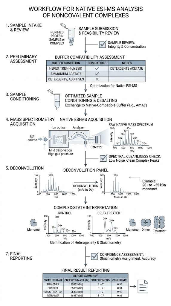 Native ESI-MS interpretation workflow showing charge-state review, spectral cleanliness, and deconvolution.