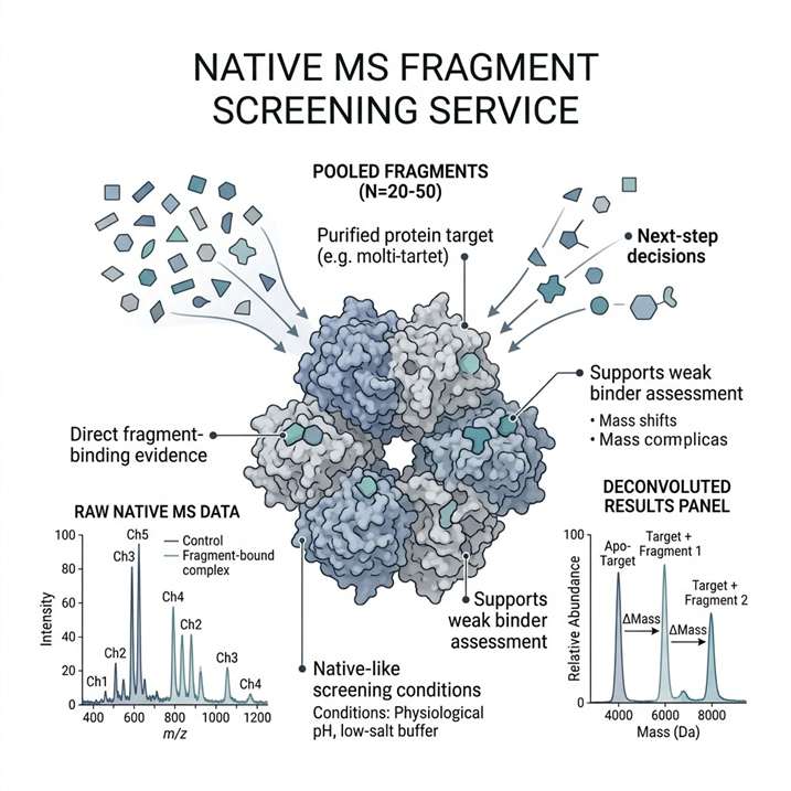 Native MS fragment screening overview showing direct fragment-binding evidence, triage support, and native-like screening conditions.
