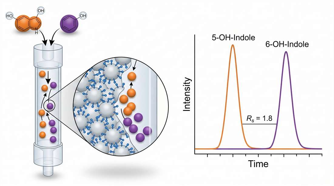Analytical resolution of structural isomers 5-hydroxyindole and 6-hydroxyindole using Amide HILIC-MS/MS