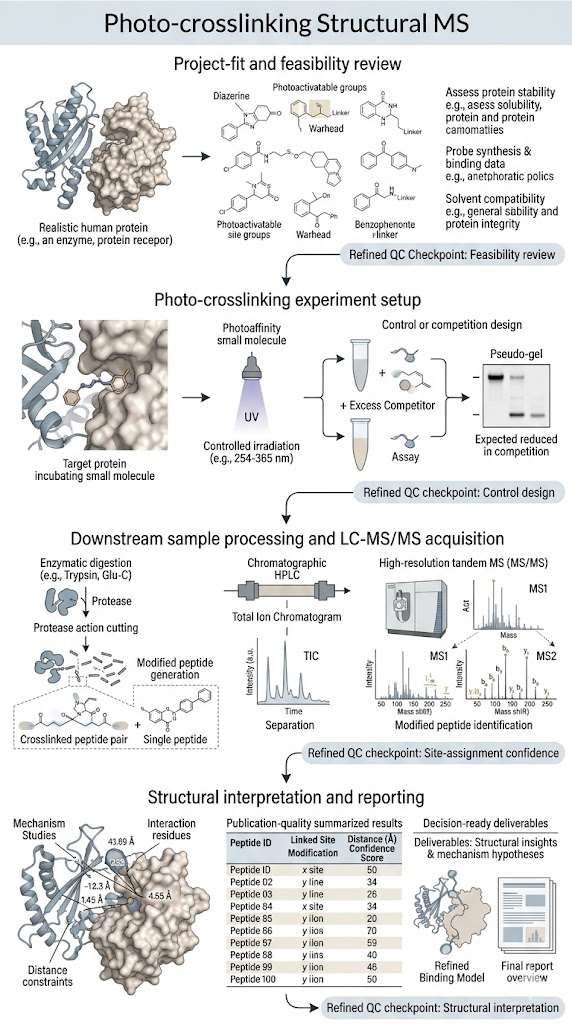 Vertical workflow diagram for Photo-crosslinking Structural MS showing project-fit review, photo-crosslinking experiment, LC-MS/MS acquisition, and structural interpretation.