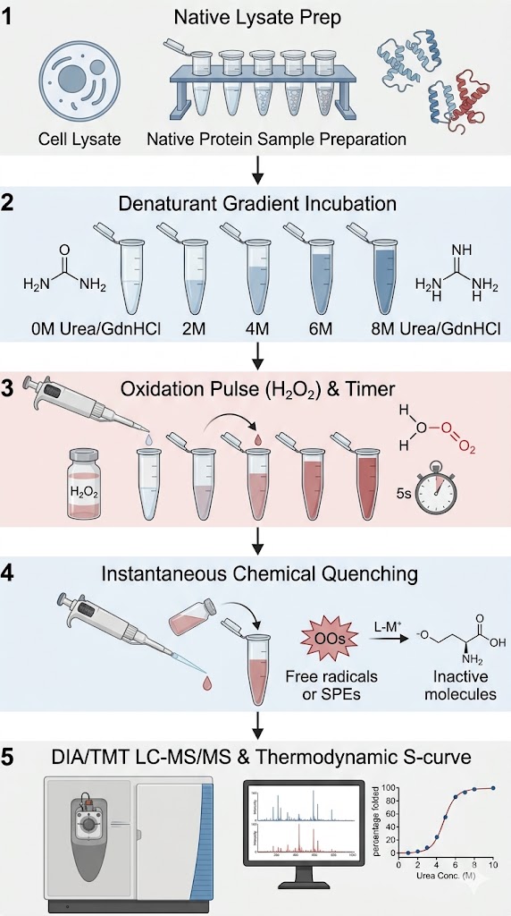 Optimized SPROX-MS workflow detailing chemical denaturation and oxidation pulse.