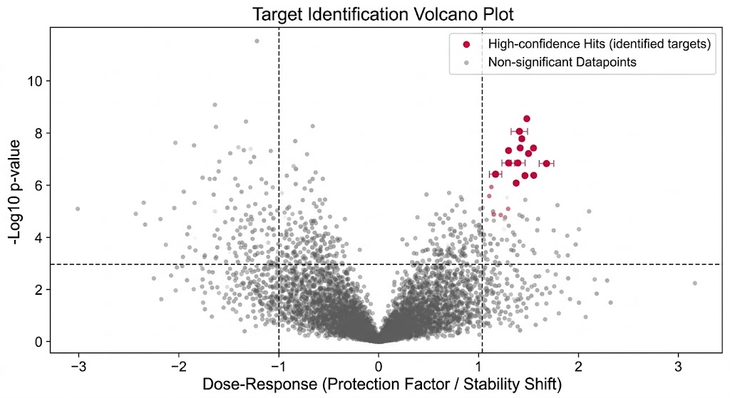 Target Identification Volcano Plot showing significant hits