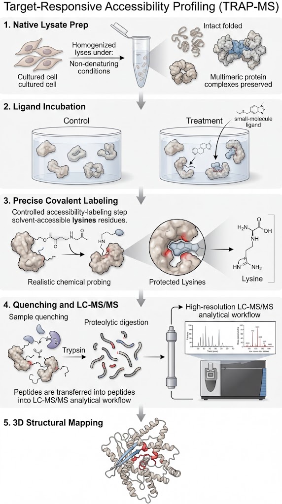 End-to-End TRAP Workflow diagram showing Native Lysate to 3D Insights