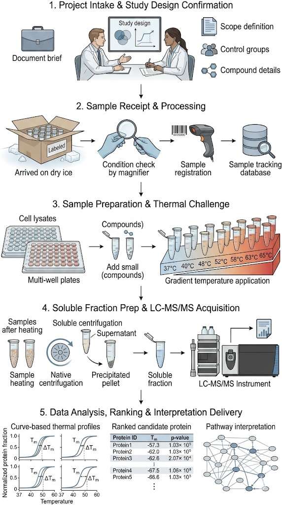 Workflow diagram for Thermal Shift Assay-MS from project intake to LC-MS/MS interpretation.