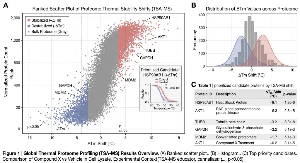 Global TSA-MS stability-shift overview used to review stabilization and destabilization patterns across experimental groups.