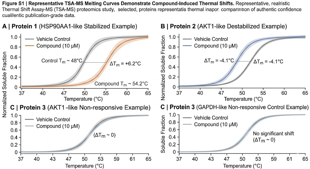Representative TSA-MS thermal profile comparison for selected proteins across conditions.