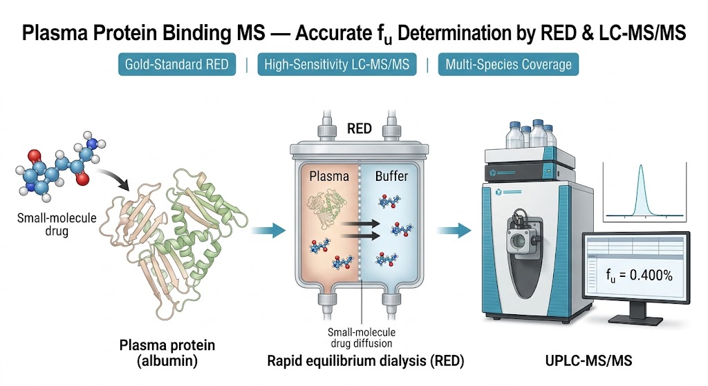 Plasma Protein Binding MS service overview featuring RED equilibrium dialysis setup with LC-MS/MS detection and key advantage tags.