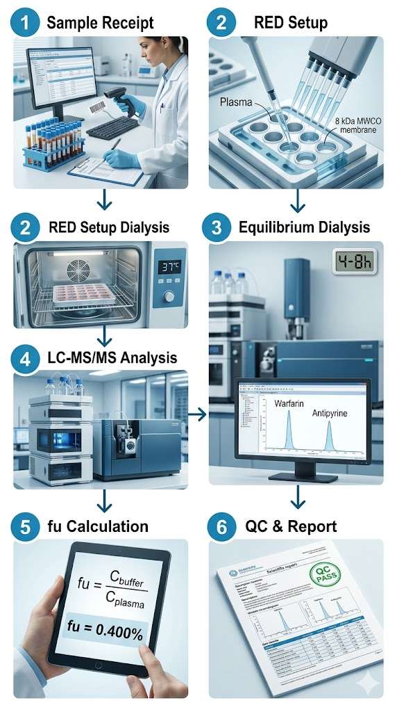 Plasma protein binding MS workflow: sample receipt, RED setup, equilibrium dialysis incubation, LC-MS/MS analysis, fu calculation, and QC review.