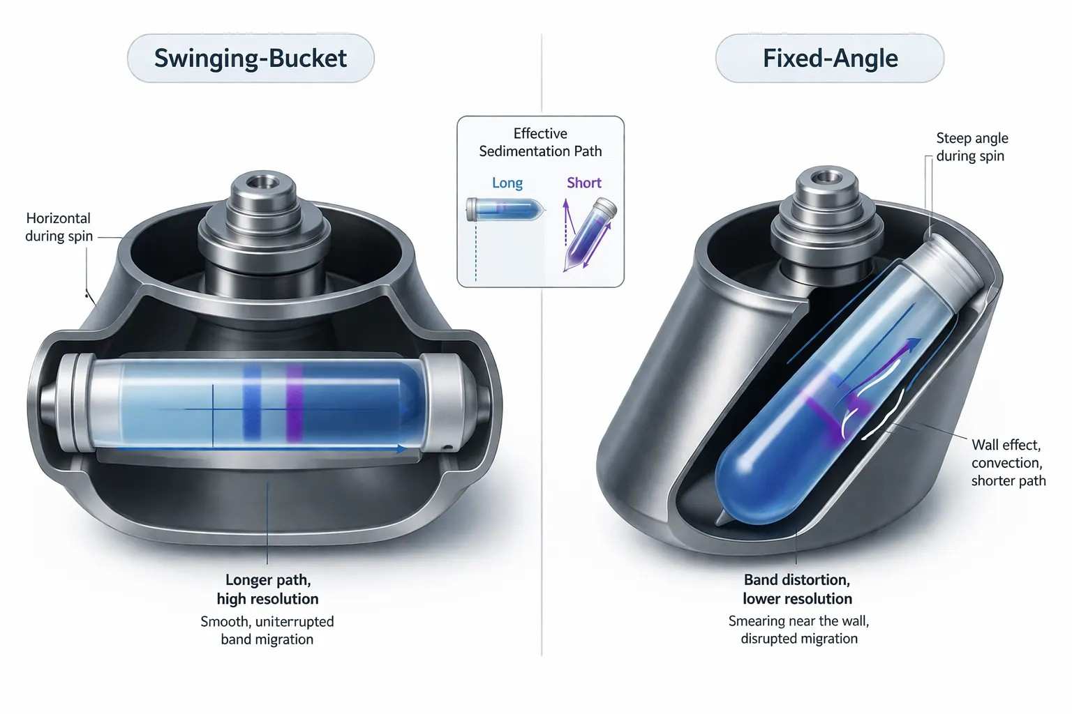 Figure 3: Swinging-bucket versus fixed-angle rotor geometry