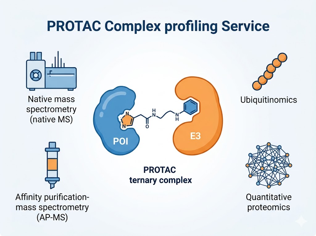 PROTAC complex profiling service overview: PROTAC bifunctional molecule bridging target protein (POI) and E3 ubiquitin ligase to form a ternary complex, analysed by native MS, AP-MS interactomics, ubiquitinomics, and quantitative proteomics for comprehensive degrader characterization.
