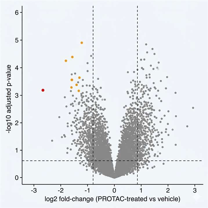 Volcano plot from quantitative proteomics of PROTAC-treated vs vehicle-treated cells showing log2 fold-change on x-axis versus -log10 p-value on y-axis, with intended degraded target in red and off-target depleted proteins in orange across approximately 6,500 quantified proteins.