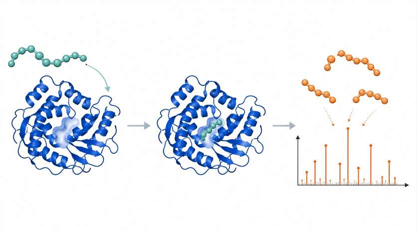 Protease MS substrate/product assay workflow showing substrate peptide with enzyme leading to MS detection and product quantification with label-free advantage.