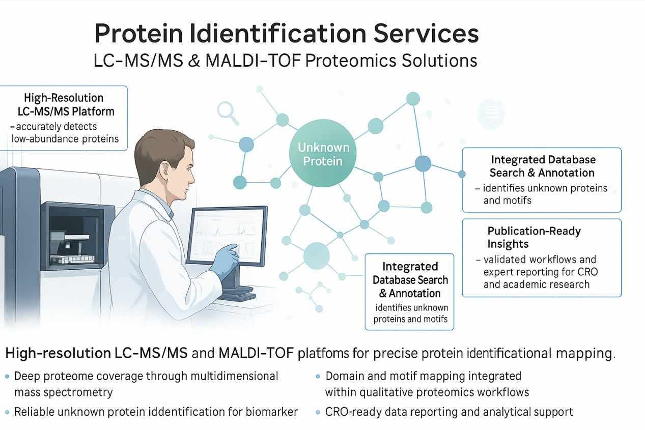 Protein Identification Services workflow using LC-MS/MS and MALDI-TOF platforms for unknown protein identification and domain mapping