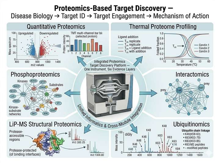 Proteomics-Based Target Discovery integrated platform — six proteomics modules for target identification, validation, and mechanism of action