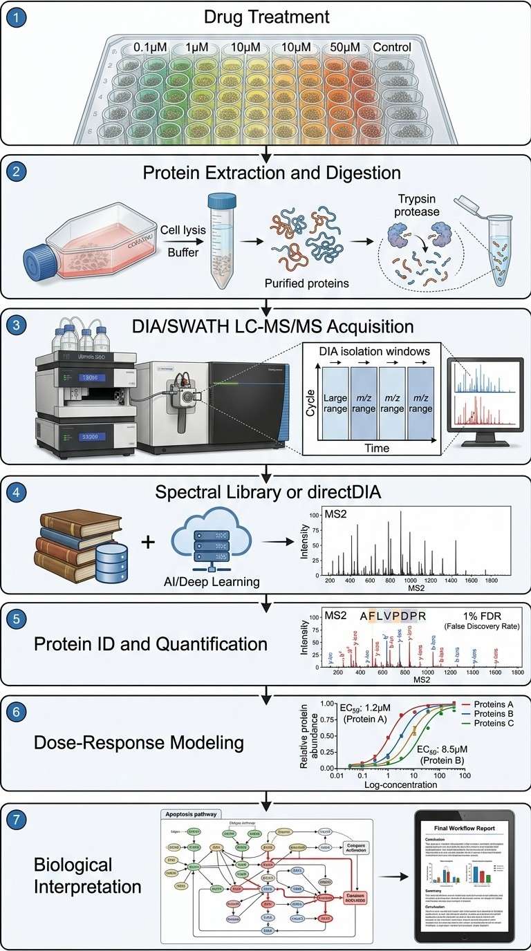 Seven-step vertical workflow diagram for DIA/SWATH drug-response proteomics: drug treatment, protein extraction, LC-MS/MS acquisition, spectral library, quantification, dose-response modeling, and reporting.