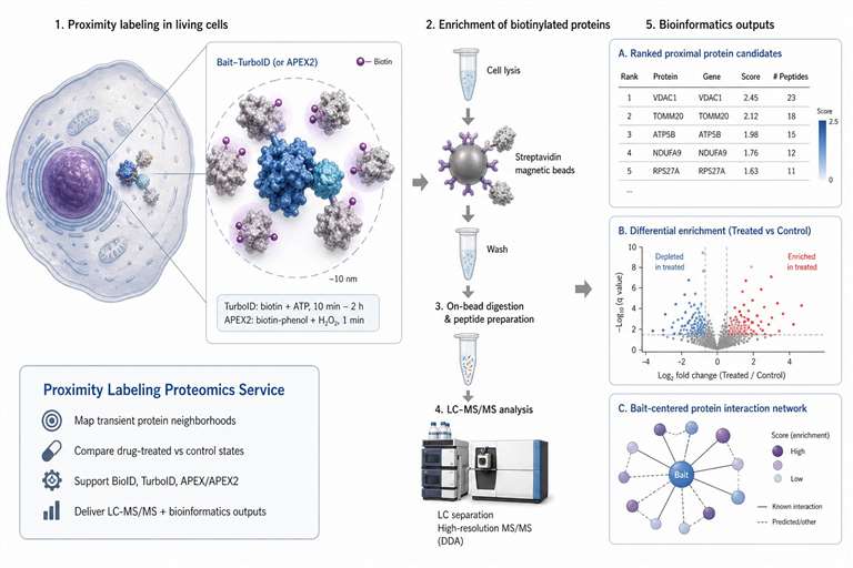 Proximity labeling proteomics workflow showing bait fusion, biotin labeling, enrichment, LC-MS/MS, and bioinformatics outputs.