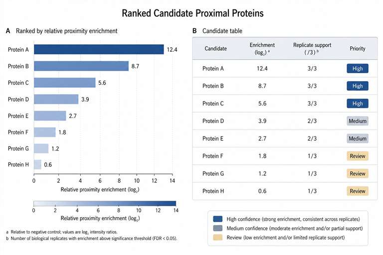 Demo proximity labeling proteomics results showing candidate ranking.