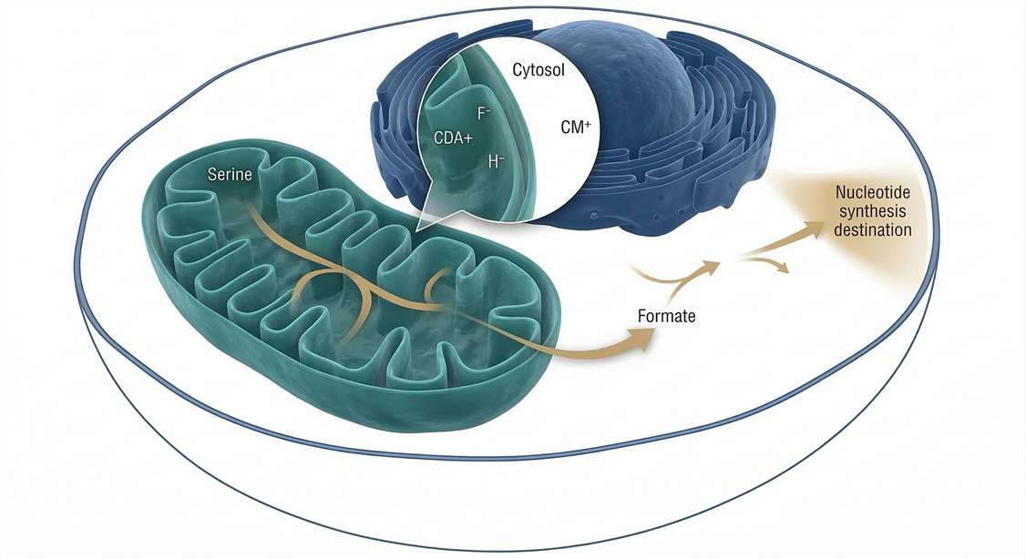 Compartment-aware schematic comparing mitochondrial one-carbon generation with cytosolic biosynthetic utilization