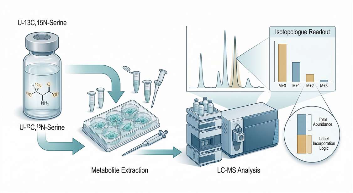RUO analytical workflow from labeled serine input to extraction, LC-MS readout, isotopologue analysis, and pathway-level interpretation