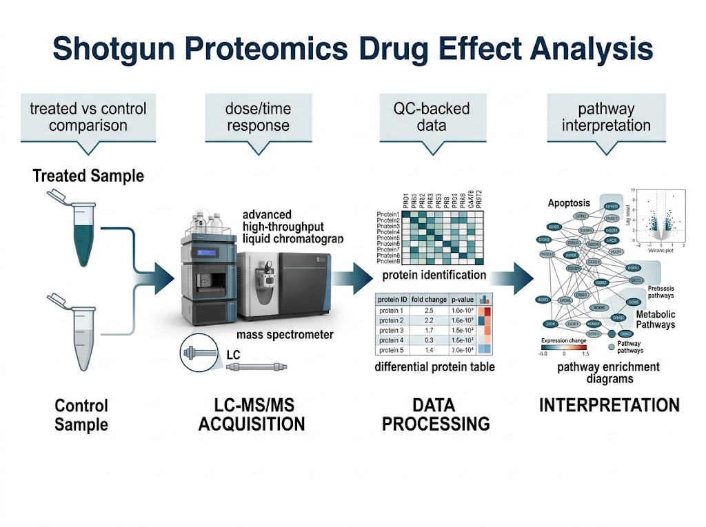 Shotgun proteomics drug effect analysis workflow showing treated samples, LC-MS/MS, protein matrix, and pathway interpretation.