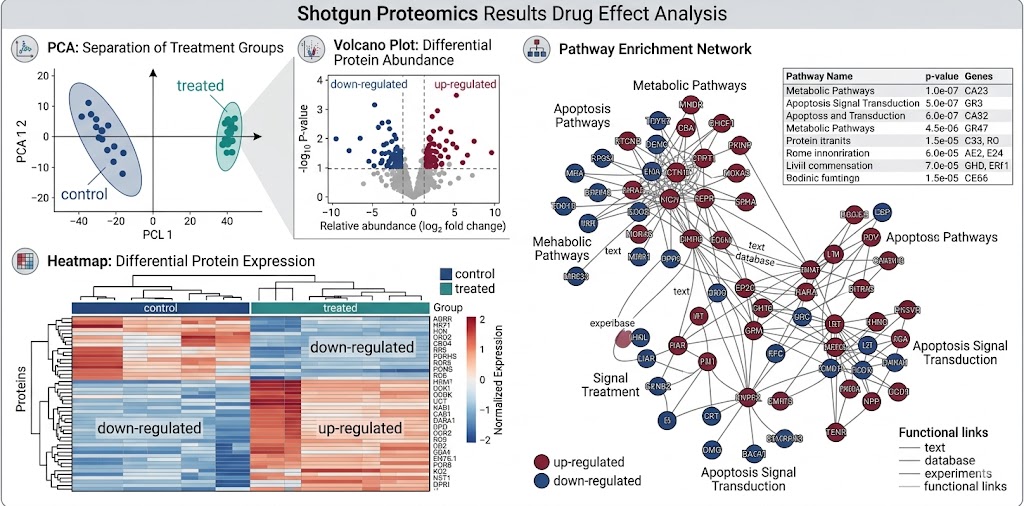 Demo shotgun proteomics drug effect results showing PCA, volcano plot, heatmap, and pathway enrichment network.