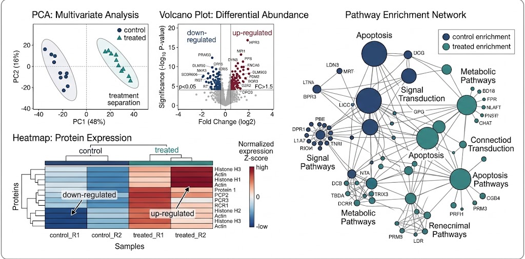 Volcano plot and differential protein summary for shotgun proteomics drug effect analysis.