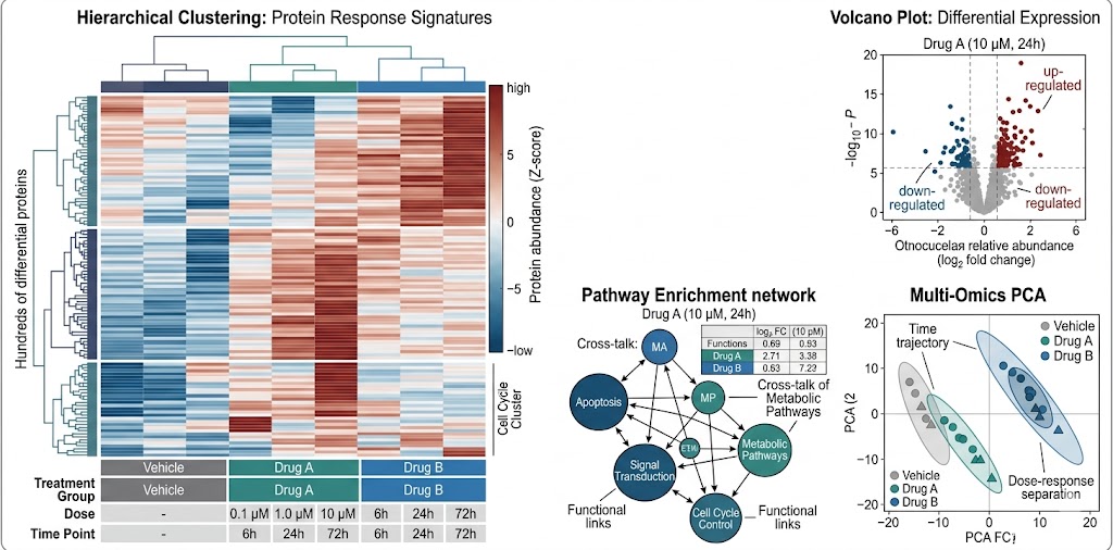Hierarchical clustering heatmap showing protein response signatures across drug treatment groups.