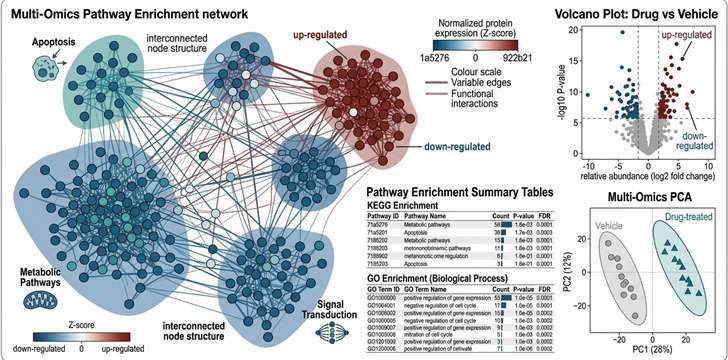 Pathway enrichment and protein network view for proteomics drug effect analysis.