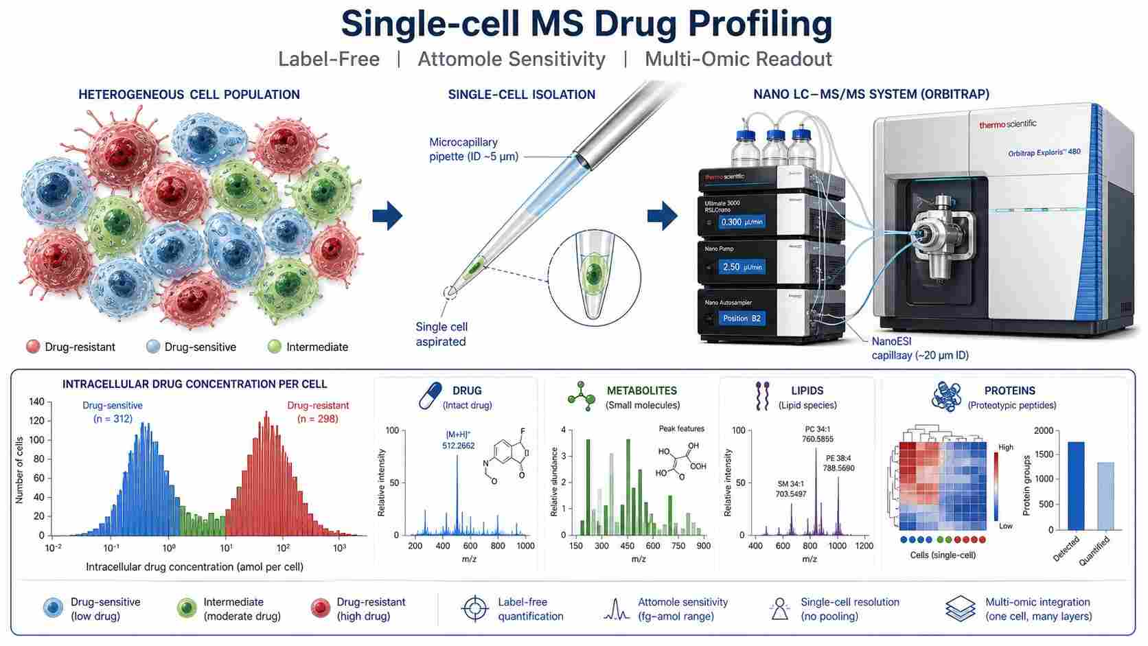 Single-cell MS drug profiling platform showing single-cell isolation from a heterogeneous cell population, nanoLC-MS/MS analysis, and single-cell resolution data output including drug distribution histogram and multi-omic readout panels.