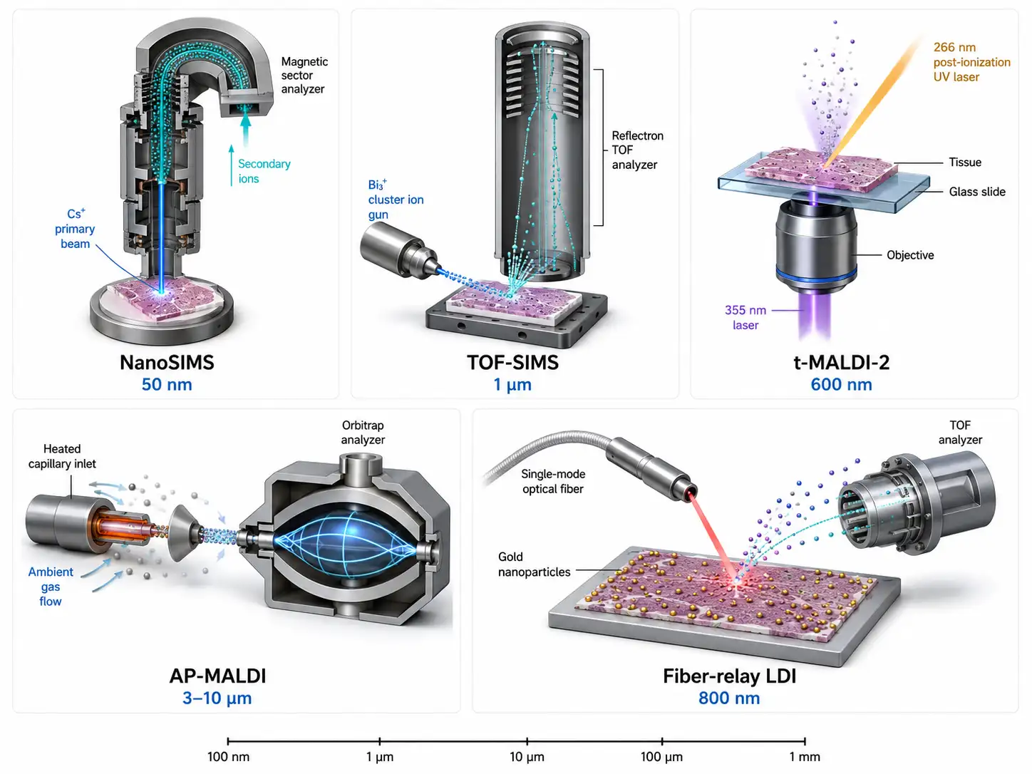 Five MSI Platforms at the Single-Cell Frontier — Instrument Schematics and Resolution Comparison