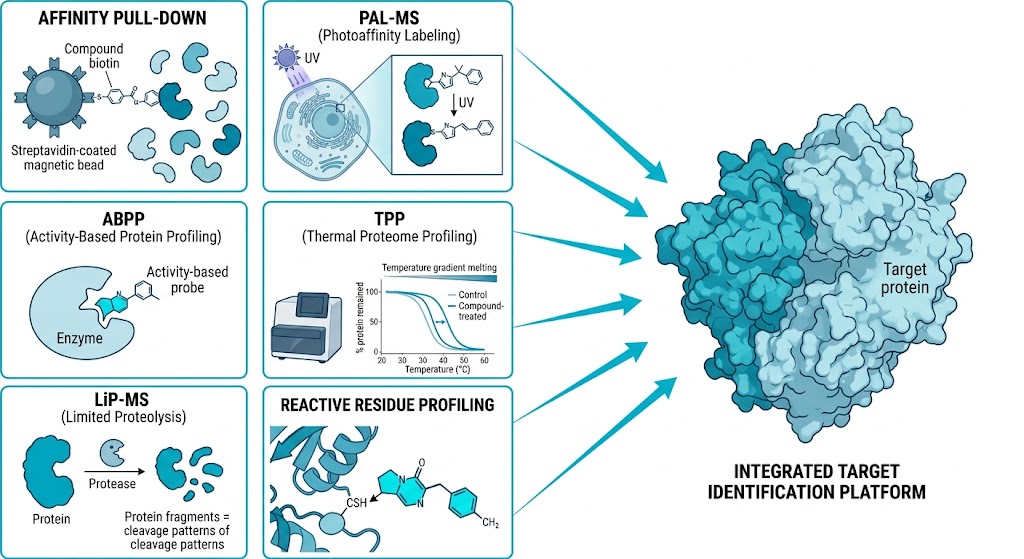 Small-molecule target identification platform showing six chemical proteomics service lines converging on target deconvolution: affinity pull-down MS, PAL-MS, ABPP, TPP, LiP-MS, and reactive residue profiling.